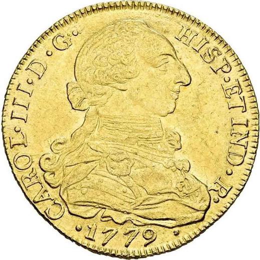 Аверс монеты - 8 эскудо 1779 года NR JJ - цена золотой монеты - Колумбия, Карл III