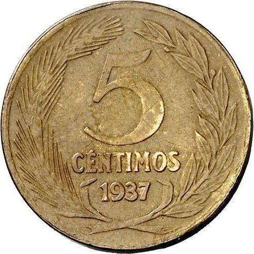 Реверс монеты - Пробные 5 сентимо 1937 года Латунь - цена  монеты - Испания, II Республика