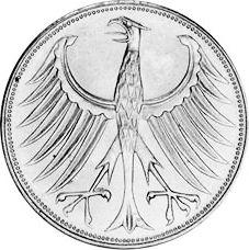 Реверс монеты - 5 марок 1974 года J - цена серебряной монеты - Германия, ФРГ