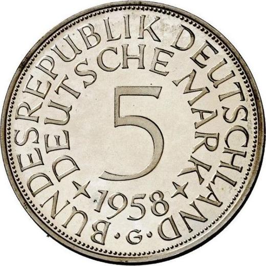 Аверс монеты - 5 марок 1958 года G - цена серебряной монеты - Германия, ФРГ