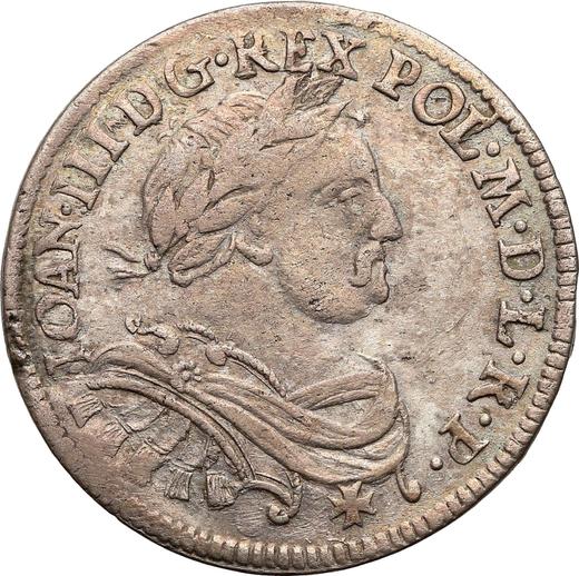 Аверс монеты - Орт (18 грошей) 1677 года SB "Щит вогнутый" - цена серебряной монеты - Польша, Ян III Собеский