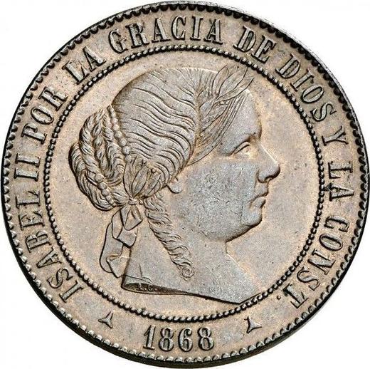 Аверс монеты - 5 сентимо эскудо 1868 года OM Трёхконечные звезды - цена  монеты - Испания, Изабелла II