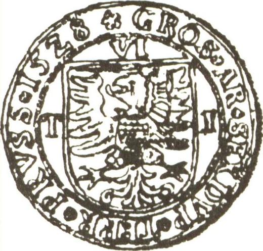 Rewers monety - PRÓBA Szóstak 1528 "Toruń" - cena srebrnej monety - Polska, Zygmunt I Stary