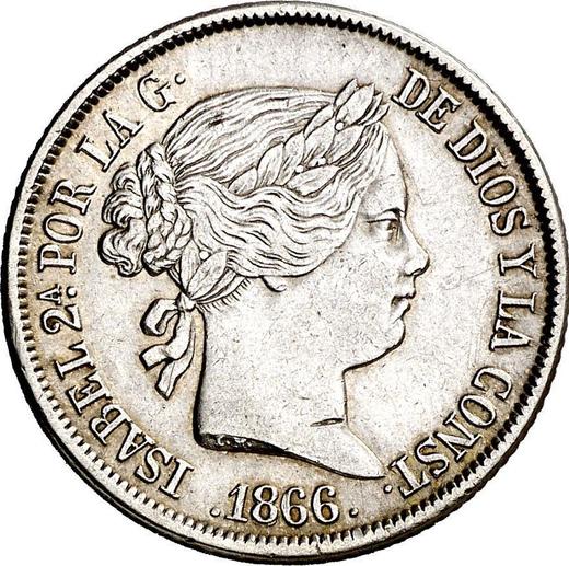 Аверс монеты - 40 сентимо эскудо 1866 года Семиконечные звёзды - цена серебряной монеты - Испания, Изабелла II