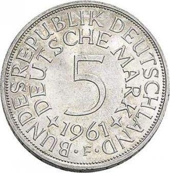 Аверс монеты - 5 марок 1961 года F - цена серебряной монеты - Германия, ФРГ