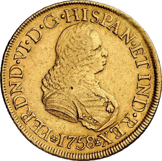 Аверс монеты - 8 эскудо 1758 года PN J - цена золотой монеты - Колумбия, Фердинанд VI