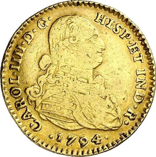 Аверс монеты - 2 эскудо 1794 года NR JJ - цена золотой монеты - Колумбия, Карл IV