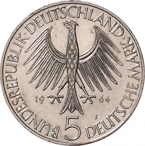 Реверс монеты - 5 марок 1964 года J "Фихте" Гурт гладкий - цена серебряной монеты - Германия, ФРГ