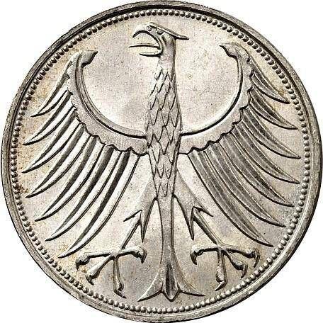 Реверс монеты - 5 марок 1957 года D - цена серебряной монеты - Германия, ФРГ
