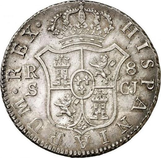 Реверс монеты - 8 реалов 1820 года S CJ - цена серебряной монеты - Испания, Фердинанд VII