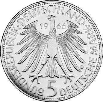 Реверс монеты - 5 марок 1966 года D "Лейбниц" - цена серебряной монеты - Германия, ФРГ