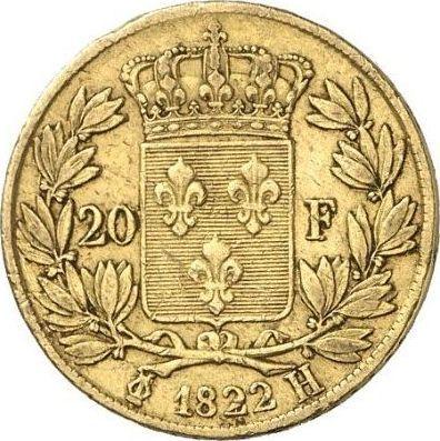Реверс монеты - 20 франков 1822 года H "Тип 1816-1824" Ля-Рошель - цена золотой монеты - Франция, Людовик XVIII