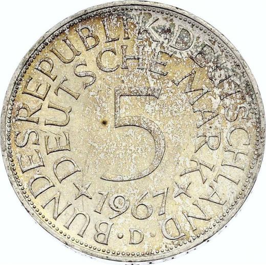 Anverso 5 marcos 1967 D - valor de la moneda de plata - Alemania, RFA