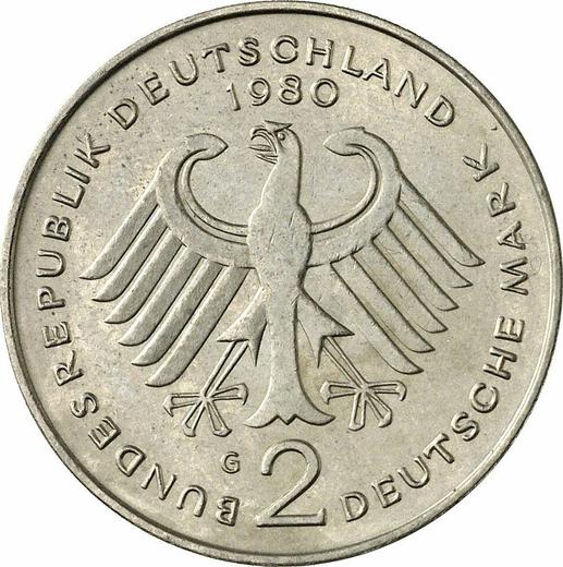 Reverso 2 marcos 1980 G "Theodor Heuss" - valor de la moneda  - Alemania, RFA