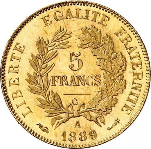 Reverso 5 francos 1889 A "Tipo 1878-1889" París - valor de la moneda de oro - Francia, Tercera República