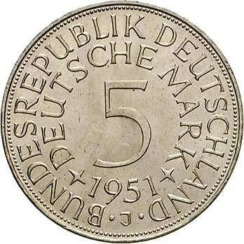 Аверс монеты - 5 марок 1951 года J - цена серебряной монеты - Германия, ФРГ