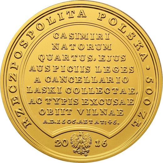 Anverso 500 eslotis 2016 MW "Alejandro I Jagellón" - valor de la moneda de oro - Polonia, República moderna