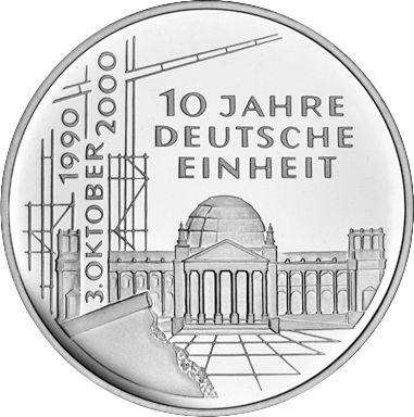 Anverso 10 marcos 2000 F "Día de la Unidad Alemana" - valor de la moneda de plata - Alemania, RFA