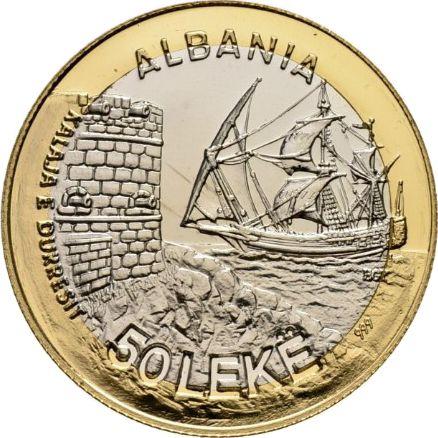 Аверс монеты - Пробные 50 леков 1986 года "Порт Дураццо" Биметалл - цена золотой монеты - Албания, Народная Республика