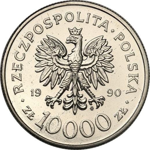 Obverse 10000 Zlotych 1990 MW "The 10th Anniversary of forming the Solidarity Trade Union" Nickel -  Coin Value - Poland, III Republic before denomination