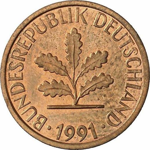 Реверс монеты - 1 пфенниг 1991 года J - цена  монеты - Германия, ФРГ