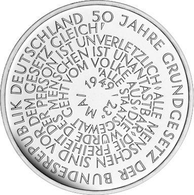 Аверс монеты - 10 марок 1999 года J "Основной закон" - цена серебряной монеты - Германия, ФРГ