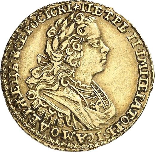 Аверс монеты - 2 рубля 1727 года С бантом у лаврового венка Над головой звезда - цена золотой монеты - Россия, Петр II