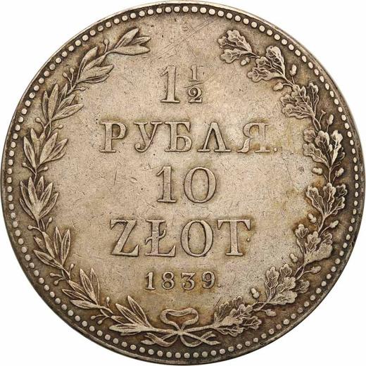 Reverso 1 1/2 rublo - 10 eslotis 1839 MW - valor de la moneda de plata - Polonia, Dominio Ruso