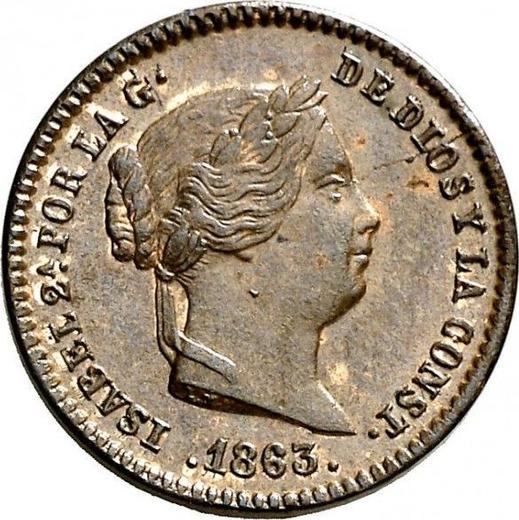 Аверс монеты - 5 сентимо реал 1863 года - цена  монеты - Испания, Изабелла II