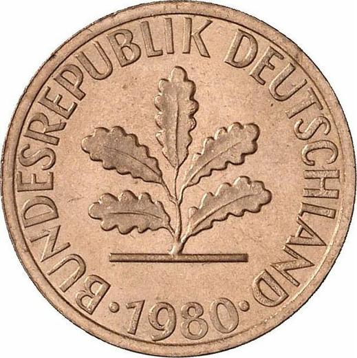 Реверс монеты - 1 пфенниг 1980 года J - цена  монеты - Германия, ФРГ