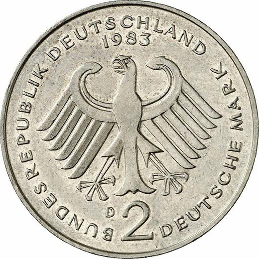 Reverso 2 marcos 1983 D "Kurt Schumacher" - valor de la moneda  - Alemania, RFA