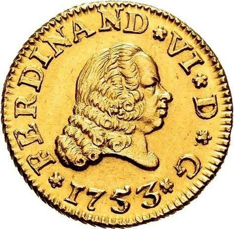 Аверс монеты - 1/2 эскудо 1753 года S PJ - цена золотой монеты - Испания, Фердинанд VI