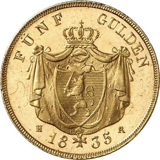 Rewers monety - 5 guldenów 1835 C.V.  H.R. "Typ 1835-1842" - cena złotej monety - Hesja-Darmstadt, Ludwik II