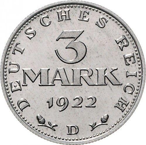 Reverse 3 Mark 1922 D "Constitution" -  Coin Value - Germany, Weimar Republic