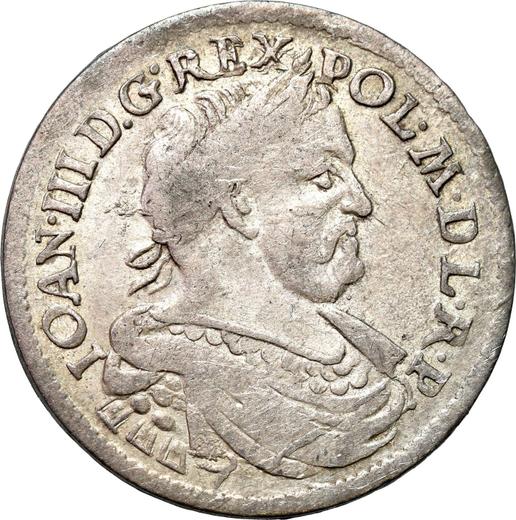 Аверс монеты - Орт (18 грошей) 1677 года "Щит прямой" - цена серебряной монеты - Польша, Ян III Собеский