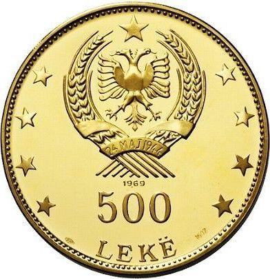 Reverso 500 leke 1969 "Skanderbeg" - valor de la moneda de oro - Albania, República Popular