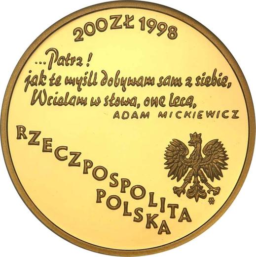 Аверс монеты - 200 злотых 1998 года MW ET "200 лет со дня рождения Адама Мицкевича" - цена золотой монеты - Польша, III Республика после деноминации