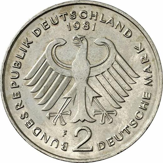 Реверс монеты - 2 марки 1981 года F "Курт Шумахер" - цена  монеты - Германия, ФРГ
