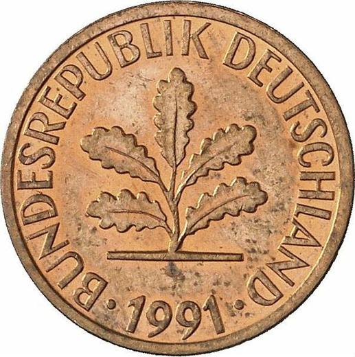 Реверс монеты - 1 пфенниг 1991 года G - цена  монеты - Германия, ФРГ
