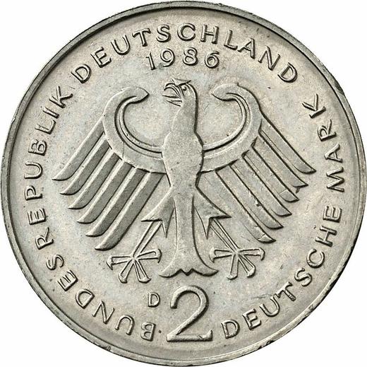 Reverso 2 marcos 1986 D "Theodor Heuss" - valor de la moneda  - Alemania, RFA