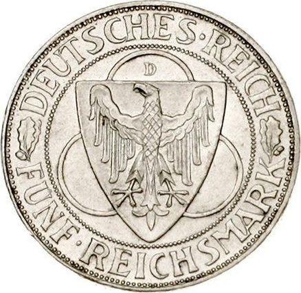 Anverso 5 Reichsmarks 1930 D "Liberación de Renania" - valor de la moneda de plata - Alemania, República de Weimar