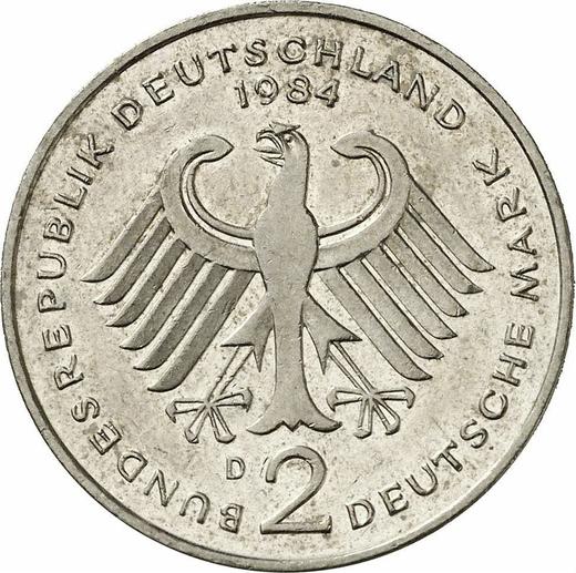 Реверс монеты - 2 марки 1984 года D "Теодор Хойс" - цена  монеты - Германия, ФРГ