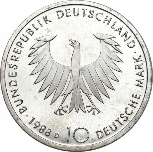 Реверс монеты - 10 марок 1988 года D "Шопенгауэр" - цена серебряной монеты - Германия, ФРГ