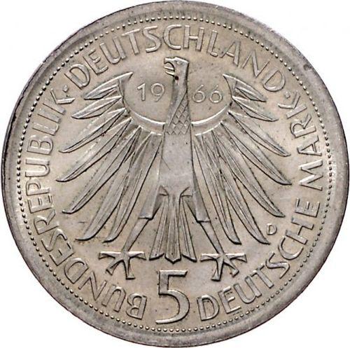 Реверс монеты - 5 марок 1966 года D "Лейбниц" Гурт гладкий - цена серебряной монеты - Германия, ФРГ