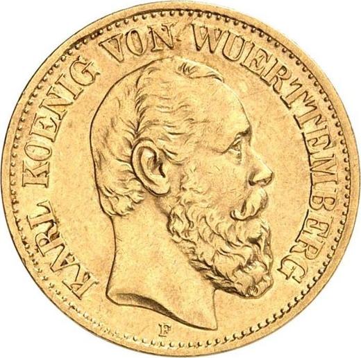 Аверс монеты - 10 марок 1880 года F "Вюртемберг" - цена золотой монеты - Германия, Германская Империя