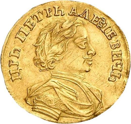 Аверс монеты - Червонец (Дукат) 1712 года D-L Без пряжки на плаще Голова не разделяет надпись - цена золотой монеты - Россия, Петр I