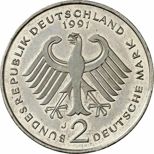 Reverse 2 Mark 1991 J "Franz Josef Strauss" -  Coin Value - Germany, FRG