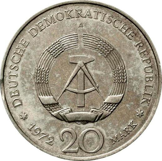 Реверс монеты - 20 марок 1972 года A "Фридрих фон Шиллер" Гурт гладкий - цена  монеты - Германия, ГДР