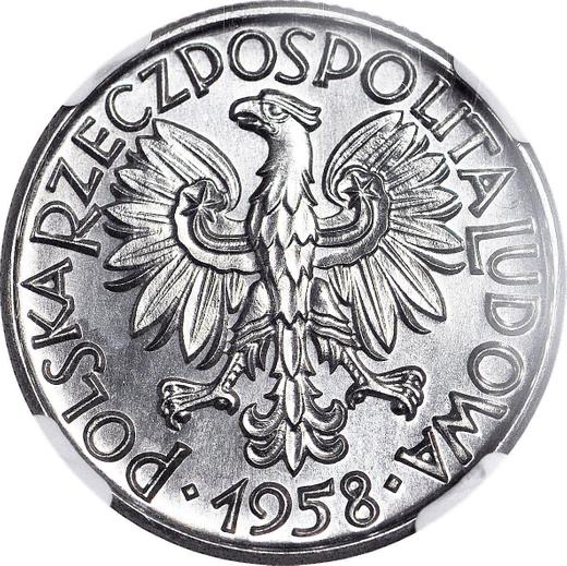 Аверс монеты - Пробные 5 злотых 1958 года WJ "Шахта" Алюминий - цена  монеты - Польша, Народная Республика
