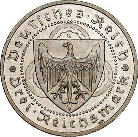 Anverso 3 Reichsmarks 1930 G "Vogelweide" - valor de la moneda de plata - Alemania, República de Weimar
